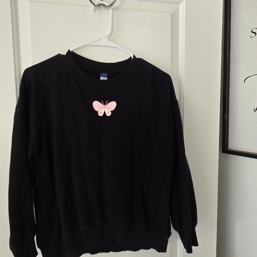 Old Navy Oversized Black Crew Neck with Butterfly Design Girls Size 10/12 - Picture 4 of 10